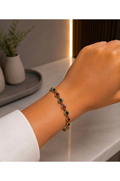 MARE BUTİK Red & Emerald Green Drop Stone Gold Bracelet