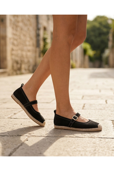 futsi shoes CORAL Siyah Hakiki Deri Toka Detaylı Kadın Espadril Ayakkabı