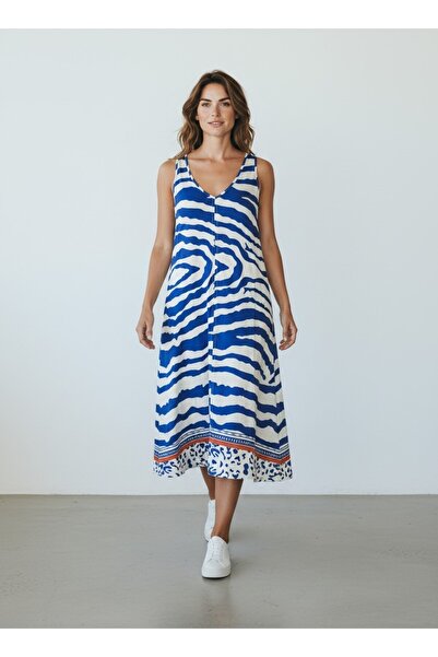 Yame V-Neck Zebra Patterned Midi Dress with Vr Pockets