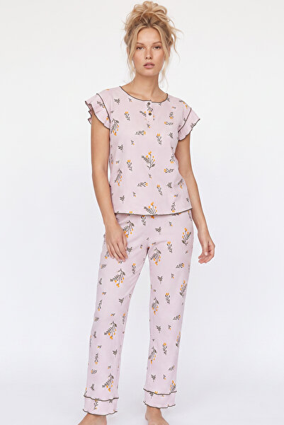 Siyah İnci lila çiçek desenli Bürümcük-Krınkıl Pijama Takım 26120675