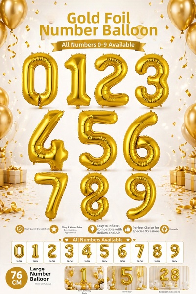 Öz-bal Gold 76 cm Large Number Balloon – Gold Foil Number Balloon Birthday Pa...