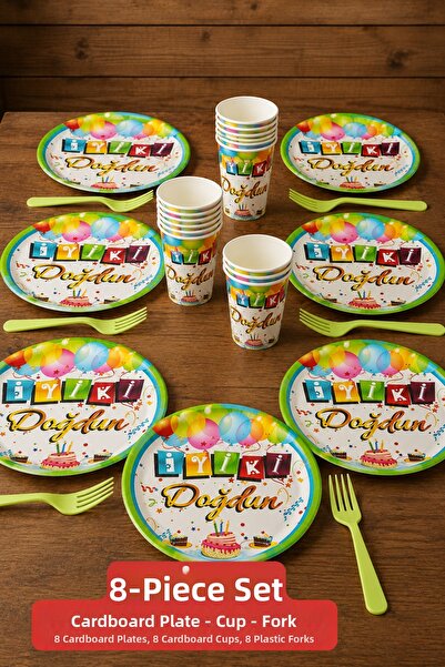 Baloncu Nene Happy Birthday Cardboard Plate Cup Fork Set Colorful Birthday Pa...