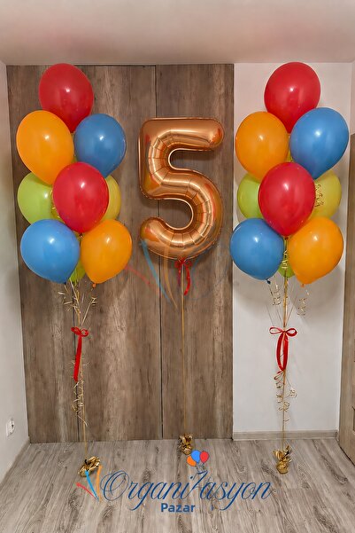 Organizasyon Pazarı 5 Year Old Rose Gold Number Colorful Rainbow Balloon Bouq...