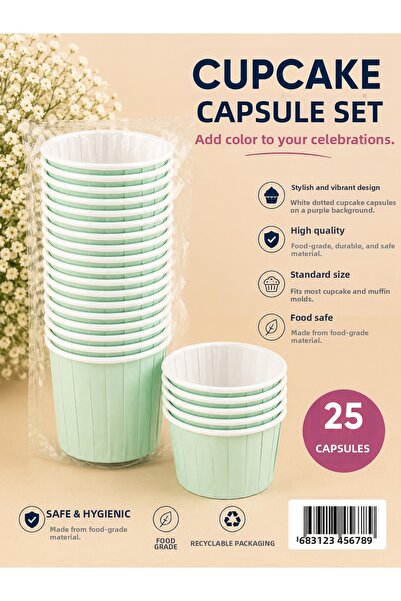 Partifabrik Cupcake Capsule Thick Non-Bending Mold-Free Use 25 Pieces Mint Green