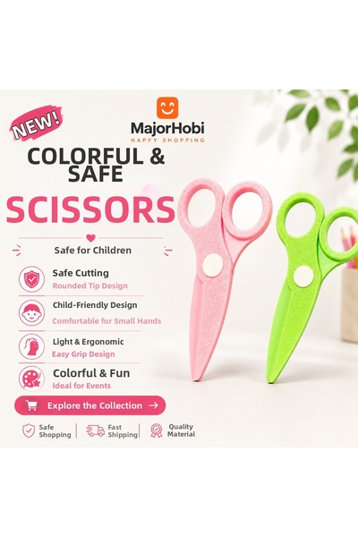 Major Hobi Children's Paper Scissors Set of 2 – Colored Scissors with Safe Ti...