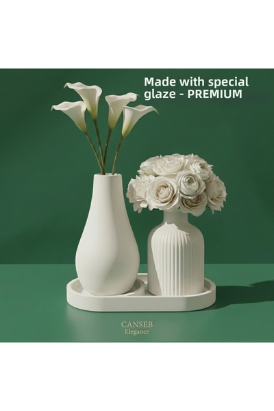 CANSEB Elegance Triple Decorative Pampas Flower Vase Set 13cm - 10cm - 17cm Tray