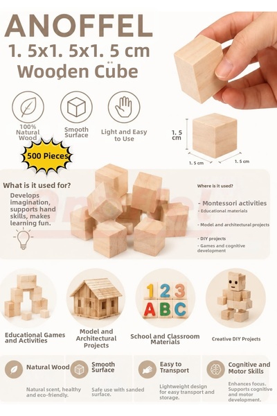 Anoffel Wooden Natural Cube Blocks 1.5X1.5X1.5 cm 500 Pieces