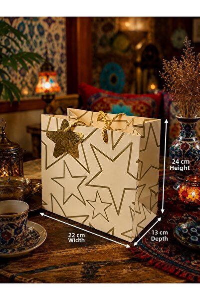 BİLGİ K K Luxury Cardboard Bag with Drawstring, Cream Color, Star Pattern, Gi...