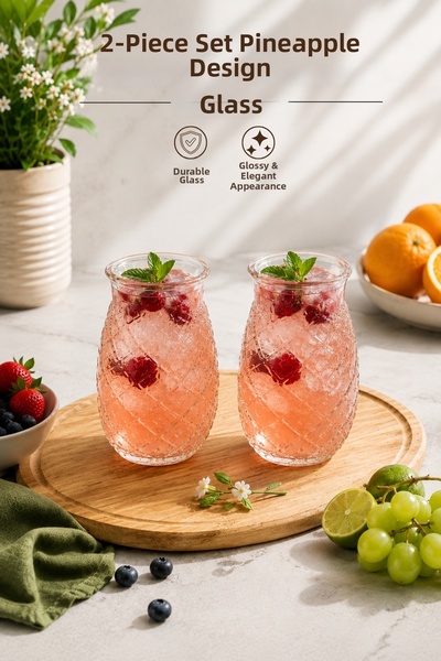 Nandy Home Set of 2 Pineapple Patterned Glass Cups Soft Drink and Cold Drink ...
