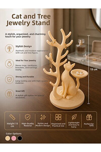 novaPrint Cat and Tree Jewelry Stand – 15 cm Decorative Jewelry Organizer