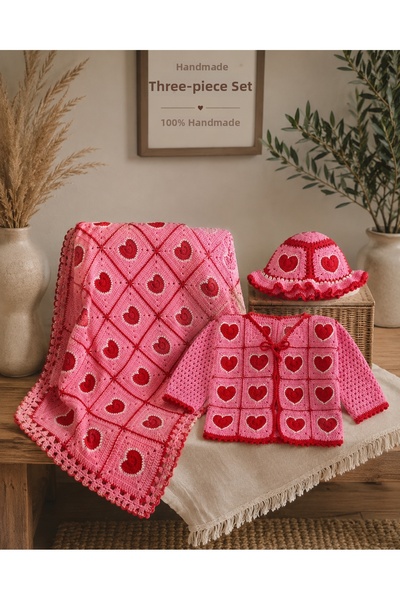 ARTTMACRAME Hand Knitted Baby Blanket Cardigan Hat Set of 3 |   Special Desig...