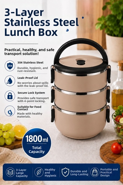 Sas Haus 3-Tier Stainless Steel Food Container 1800 ml Leak-Proof Portable Lu...