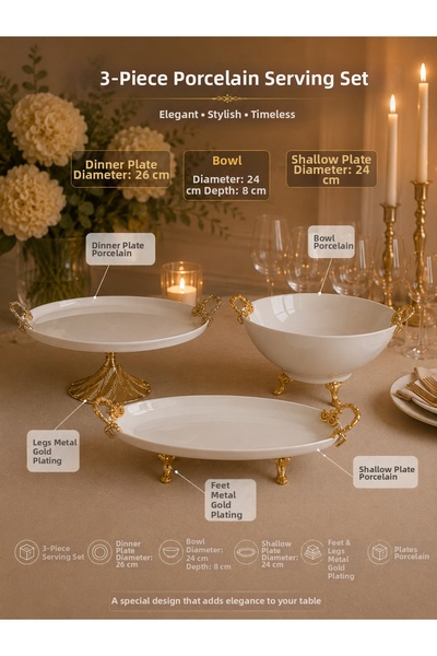 Sillage Home Luxury Porcelain 3-Piece Presentation Set with Gold Feet & Handles