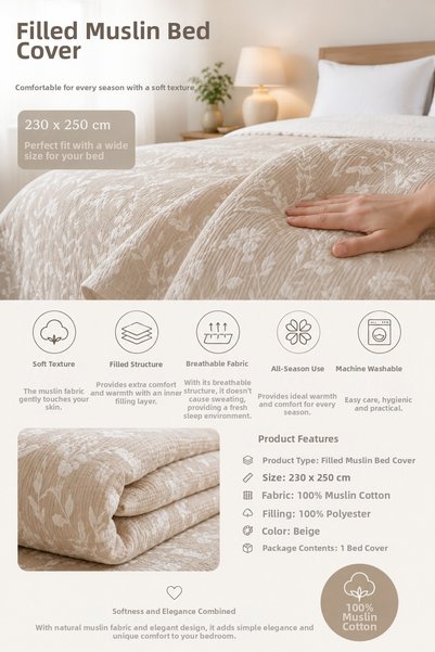 SELORA MAISON Bloomy Muslin Bedspread Pike |   Double |   Soft Textured |   Breathable |   4 Season Cover 230X250 | Dowry&Daily Life |