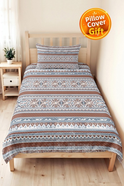 Evimde Bambaşka Ethnic Geometric Brown Pique Set - Bohemian Striped Blue Beig...