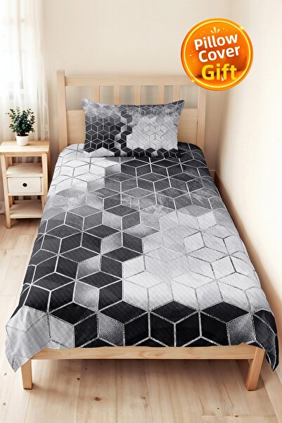 Evimde Bambaşka Gray Geometric Modern Young Room Single Pique Set - Anthracit...