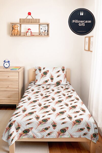 Evimde Bambaşka Peacock Feather Pique Set - Bohemian Green Orange Single Size...