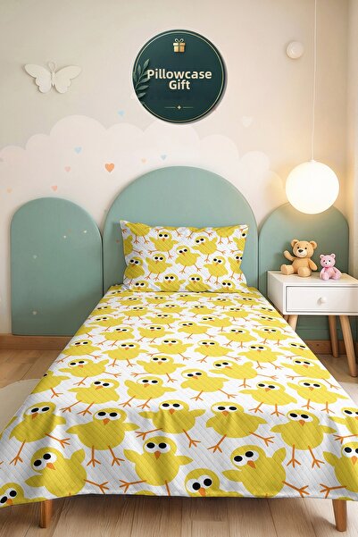 Evimde Bambaşka Yellow Chick Children's Room Single Pique Set-White Cute 160X...