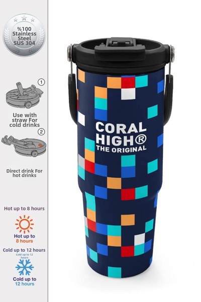 Coral High ترموس فولاذي بنمط هندسي باللون الأزرق الداكن مع شفاطة وفتحة شرب مب...