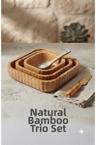 Funny Life Bamboo Style 3-Piece Square Fluted Presentation Bowl Set - Natural...