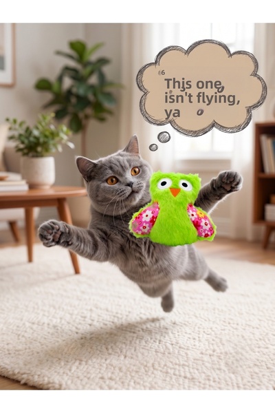 Tasma Market Cute Owl Plush Cat Toy - Soft Textured Biting and Catching Toy 12X12 cm