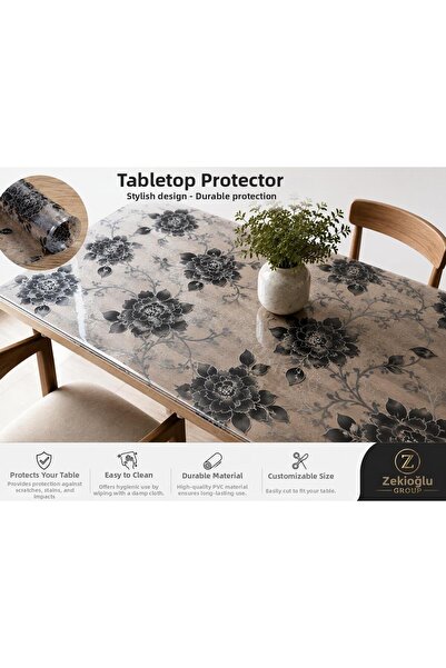 Muhtelif 80 cm X 100 cm Table Top Protector Transparent Black Floral Pattern ...