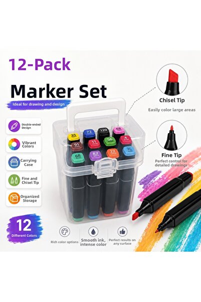 kruxon 12-Piece Double-Ended Marker Pen Set with Fine and Chisel Tips, Carryi...