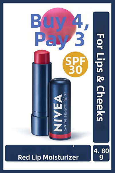 NIVEA كريم مرطب للشفاه بعامل حماية من الشمس SPF30 باللون الأحمر 4.8 جرام - زي...