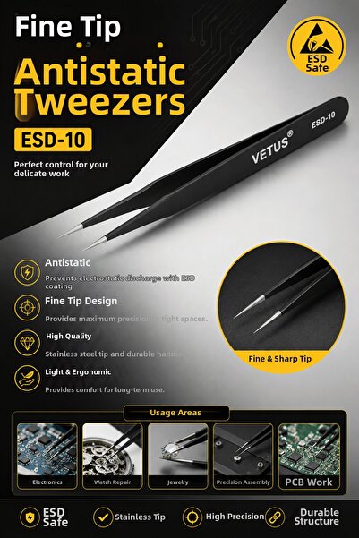 RoboPazar ملقط مضاد للكهرباء الساكنة ذو طرف رفيع ESD 10