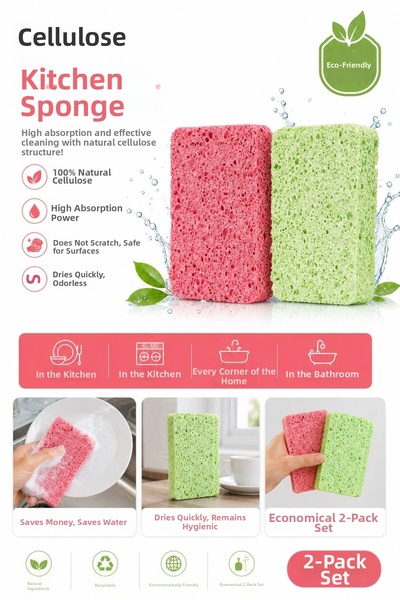 Clean Vibe Natural Cellulose Dish Sponge Set of 2 – Odor-Free, Long-Lasting O...