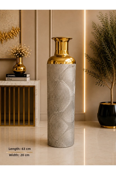 Hinora Decorative Metal Floor Vase 63 cm Gold Gray Geometric Patterned Large ...