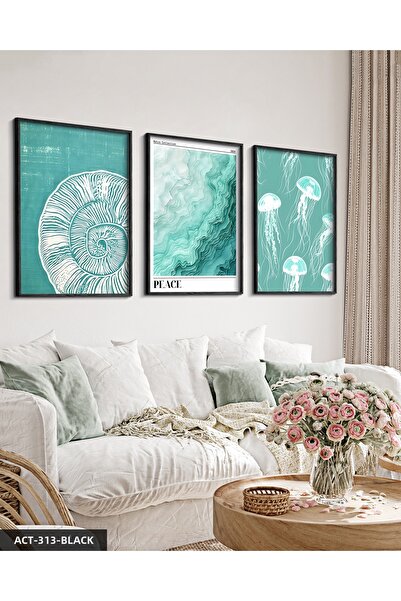 Evinemoda Sea Themed 3 Piece Wooden Framed Painting Act