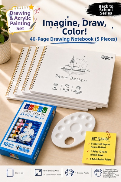 KarmaOfis Painting Notebook and Acrylic Paint Set 40 Sheets 25X35 cm 10 Color...