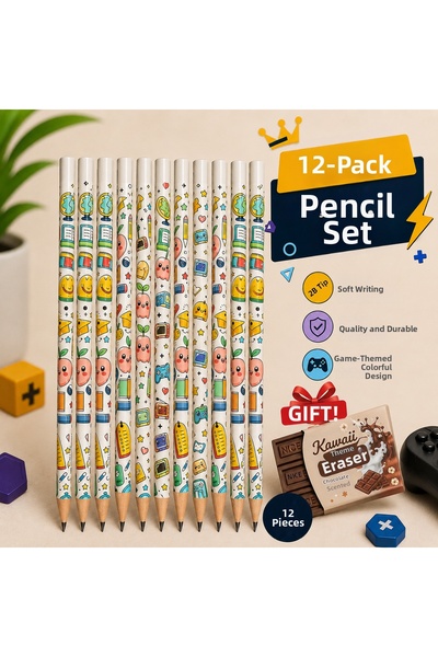 Blondcoo Trend 12-Piece 2B Pencil Set Kawaii Themed Children's School Stationery Pencil + Chocolate Scented Eraser Gift