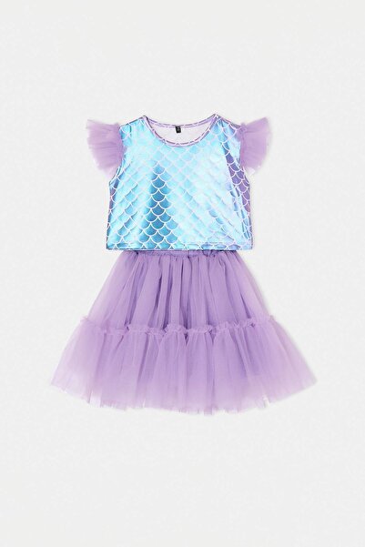 TRENDYOLKIDS Purple Girls' Sequined Tutu Detailed Woven Bottom - Top Set Tkds...