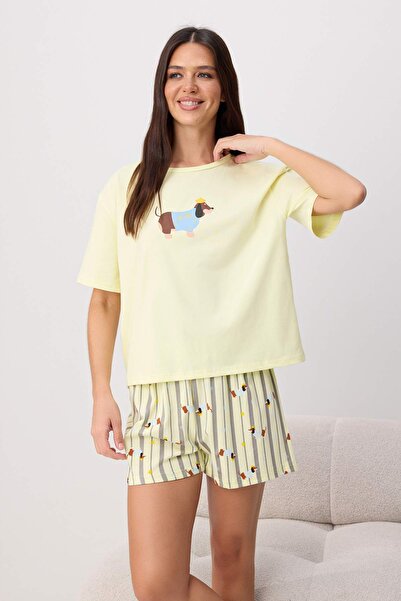 Trendyol Collection Set de pijamale tricotate din bumbac galben cu imprimeu c...