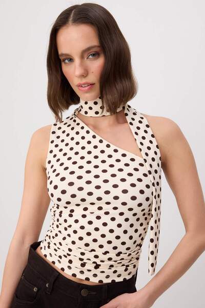 Trendyol Collection Ecru Polka Dot Fitted Asymmetrical Neckline Sleeveless St...