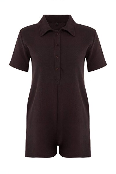 Trendyol Collection Brown Waffle Button Detailed Shirt Collar Knitted Jumpsui...