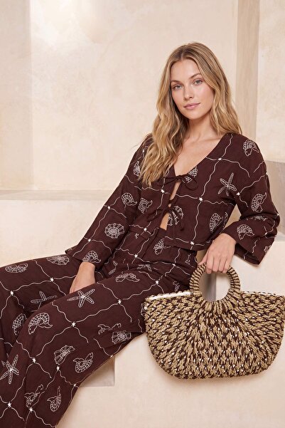 Trendyol Collection Set pantaloni și bluză de plajă din bumbac 100% țesut cu ...