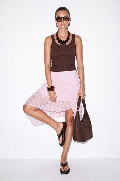 Drop by TrendyolMilla Pink Asymmetrical Cut Lace Lined Short Knee Length Skir...