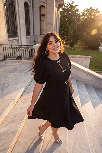 Trendyol Curve Rochie neagră cu țesut cu fundă în linie A TBBSS25AH00224