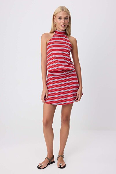Trendyol Collection Red Striped Skater Halter Neck Sleeveless Mini Soft Knitt...