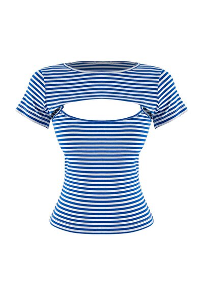 Trendyol Collection Blue Striped Fitted 2-Piece Short Crop Premium Soft Knitt...