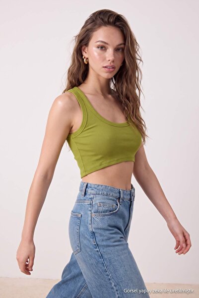 Trendyol Collection Oil Green Fitted/Bodycon Pool Collar Super Crop Ribbed Fl...