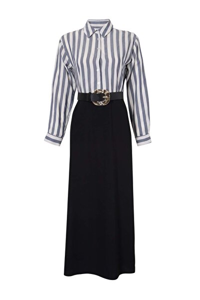 Trendyol Modest Navy Blue Unlined Striped Woven Dress&Jumpsuit Terrycotton Hi...