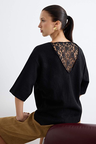 Trendyol Collection Black Soft Textured Back Lace Detailed Short Sleeve Knitw...