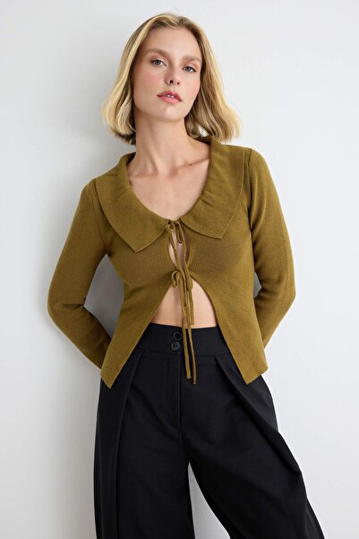 Trendyol Collection Oil Green Soft Textured Pool Collar Thin Knitwear Cardiga...