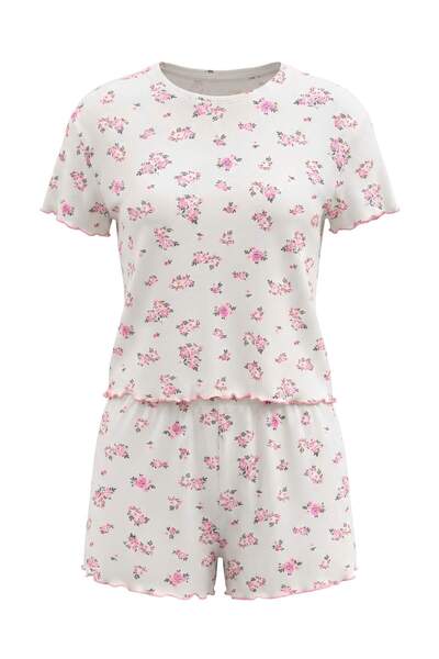 Trendyol Collection White Floral Viscose Single Jersey Knitted Pajamas Set Th...