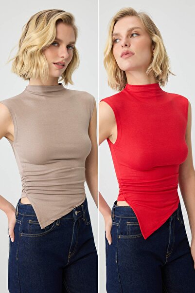 Trendyol Collection بلوزة محبوكة غير متماثلة من ريد-مينك مكونة من قطعتين TWOS...
