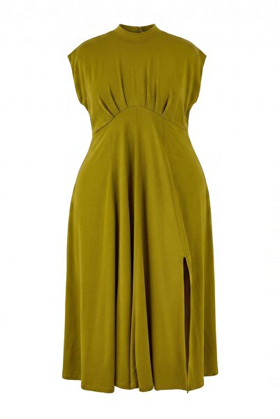 Trendyol Curve Oil Green Waist-Cut Sleeveless Gathered Premium Lyocell Conten...